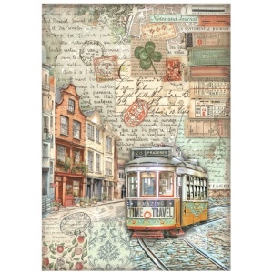 Stamperia A4 Rice Paper - Art of Travelling - Tram - DFSA4975